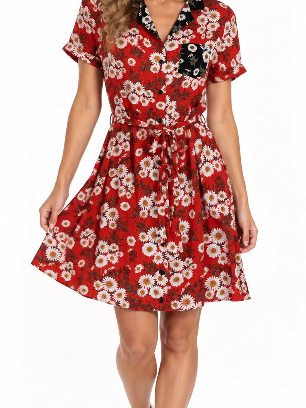 Floral Daisy Tie-Waist Mini Dress in Red